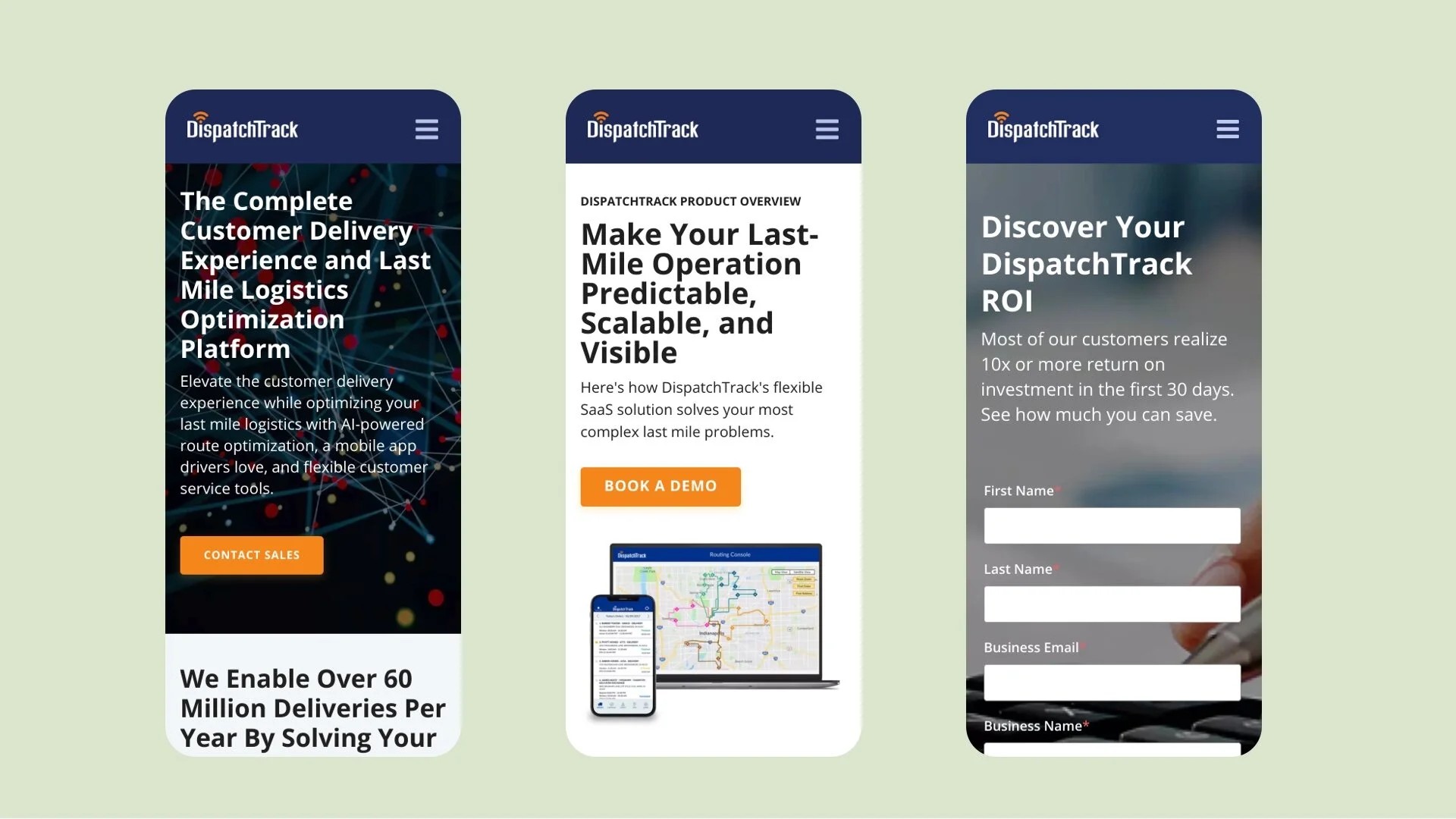 DispatchTrack.com mobile page designs