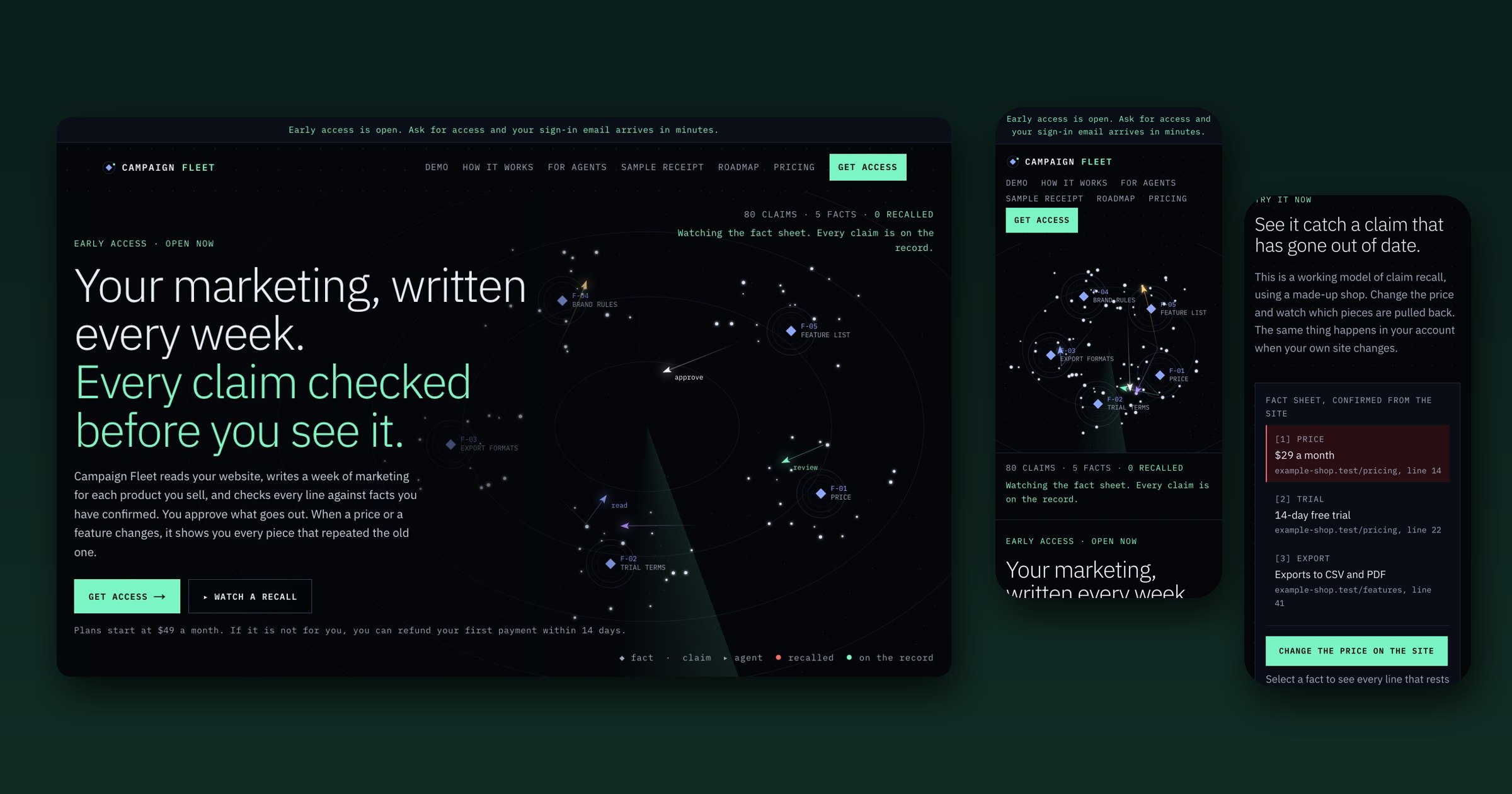 Campaign Fleet on desktop and phone: the home page with its map of facts and claims, the mobile home page, and the claim-recall demo on a phone