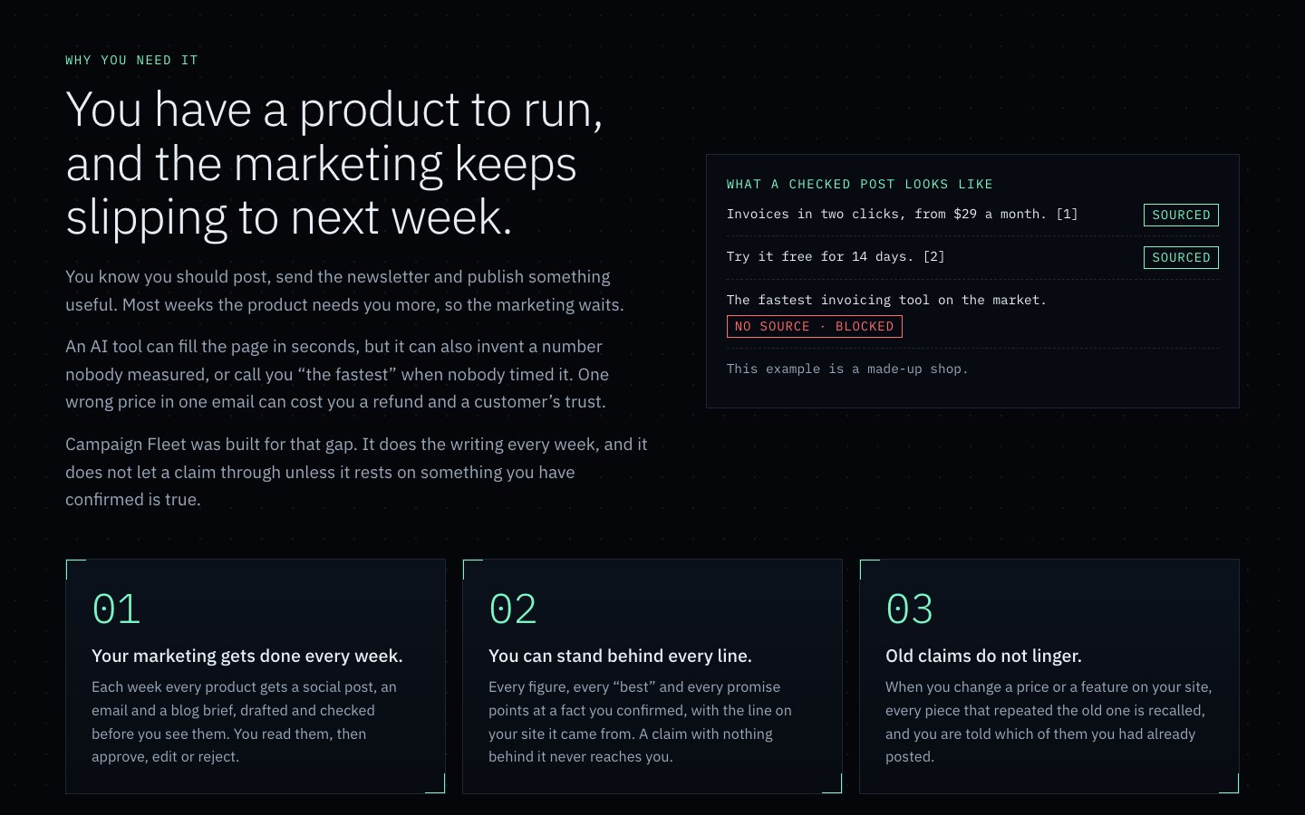 Why you need it section: You have a product to run, and the marketing keeps slipping to next week, with a checked post that shows two sourced lines and one line marked no source, blocked