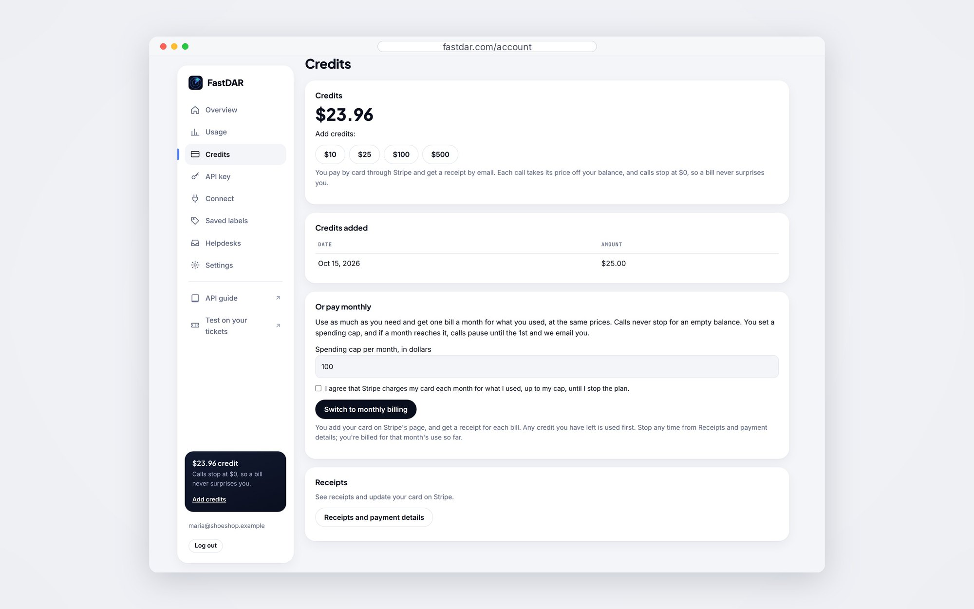 Account Credits screen, shown with an example account: a $23.96 balance, buttons to add $10, $25, $100 or $500, a list of credits added, and an option to switch to monthly billing with a spending cap