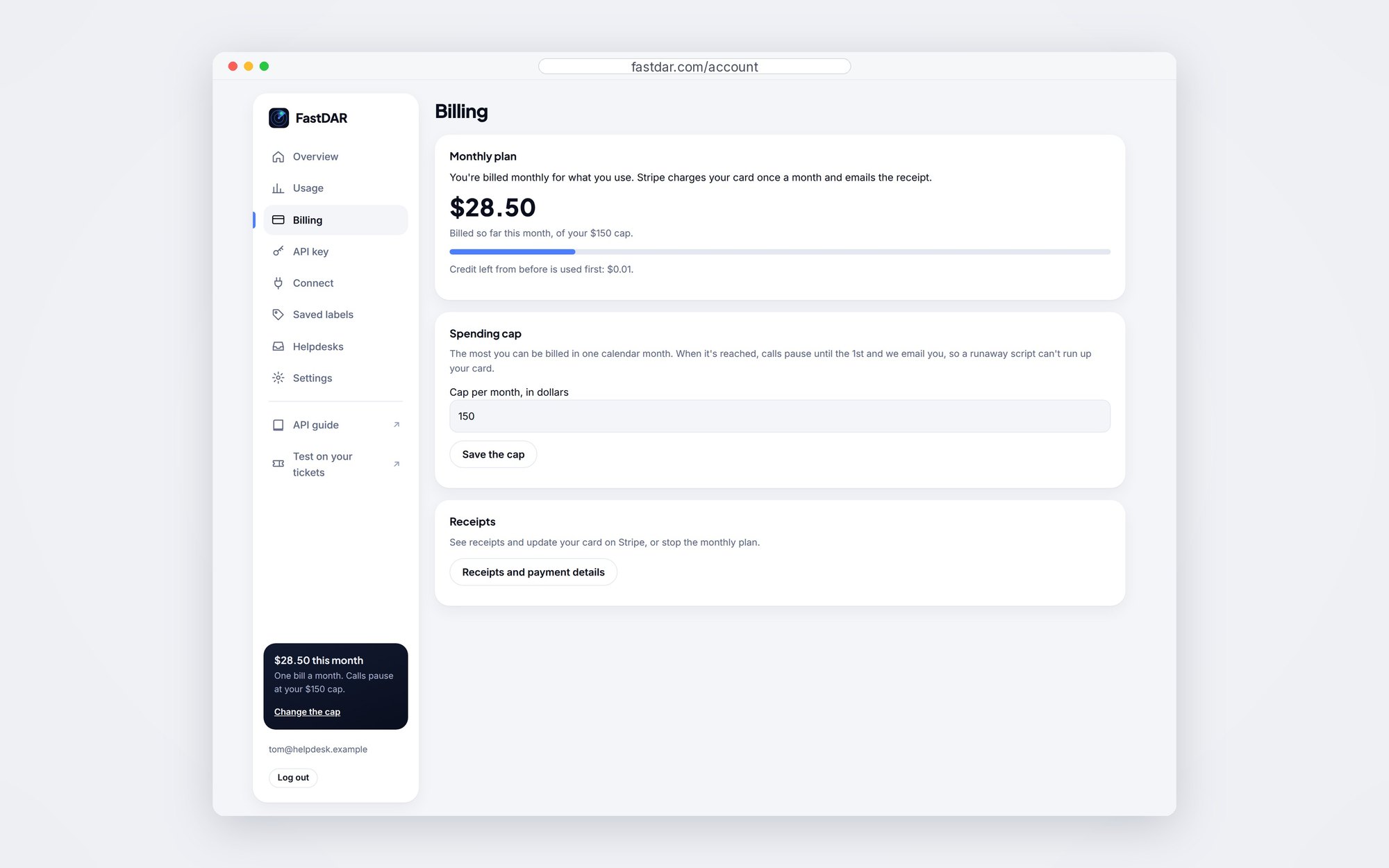 Account Billing screen on the monthly plan, shown with an example account: $28.50 billed so far this month against a $150 cap with a progress bar, a field to change the cap, and receipts