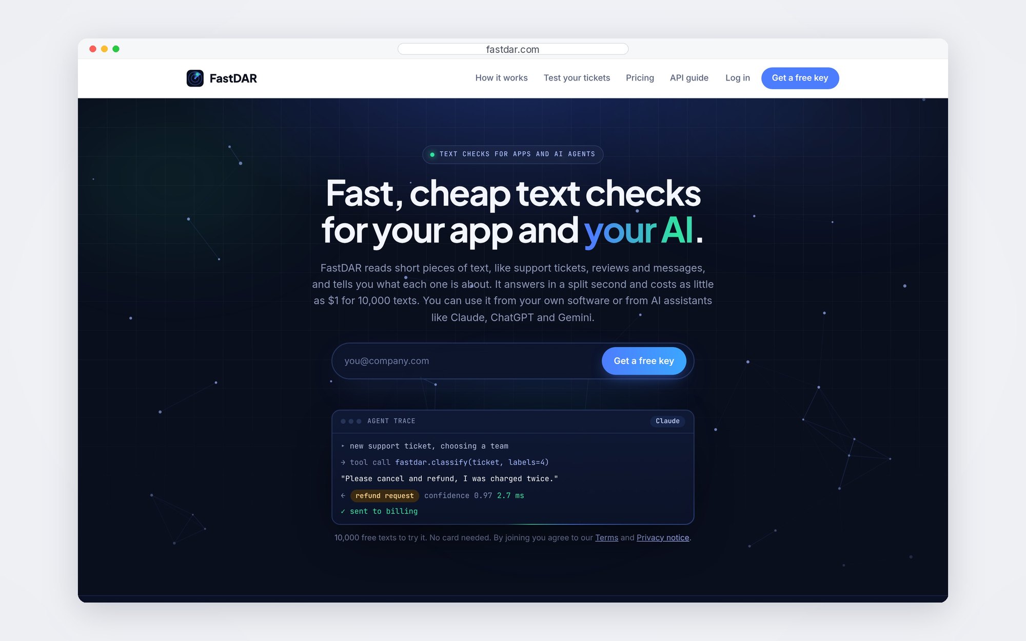 FastDAR home page: Fast, cheap text checks for your app and your AI