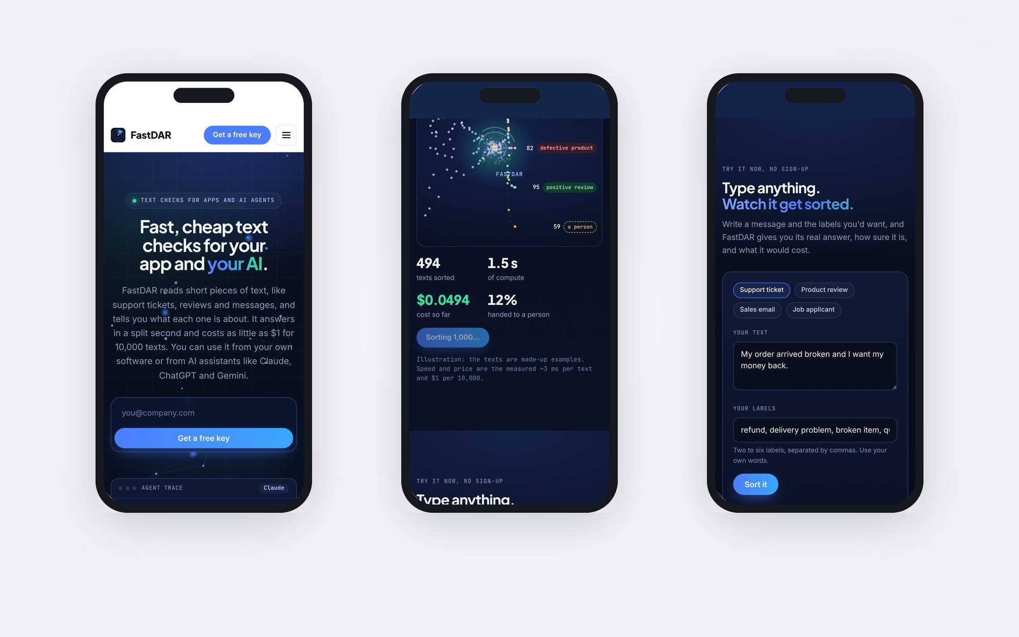Three phone screens of the FastDAR site: the home page headline, the watch-it-sort illustration with live counters, and the try-it-now box