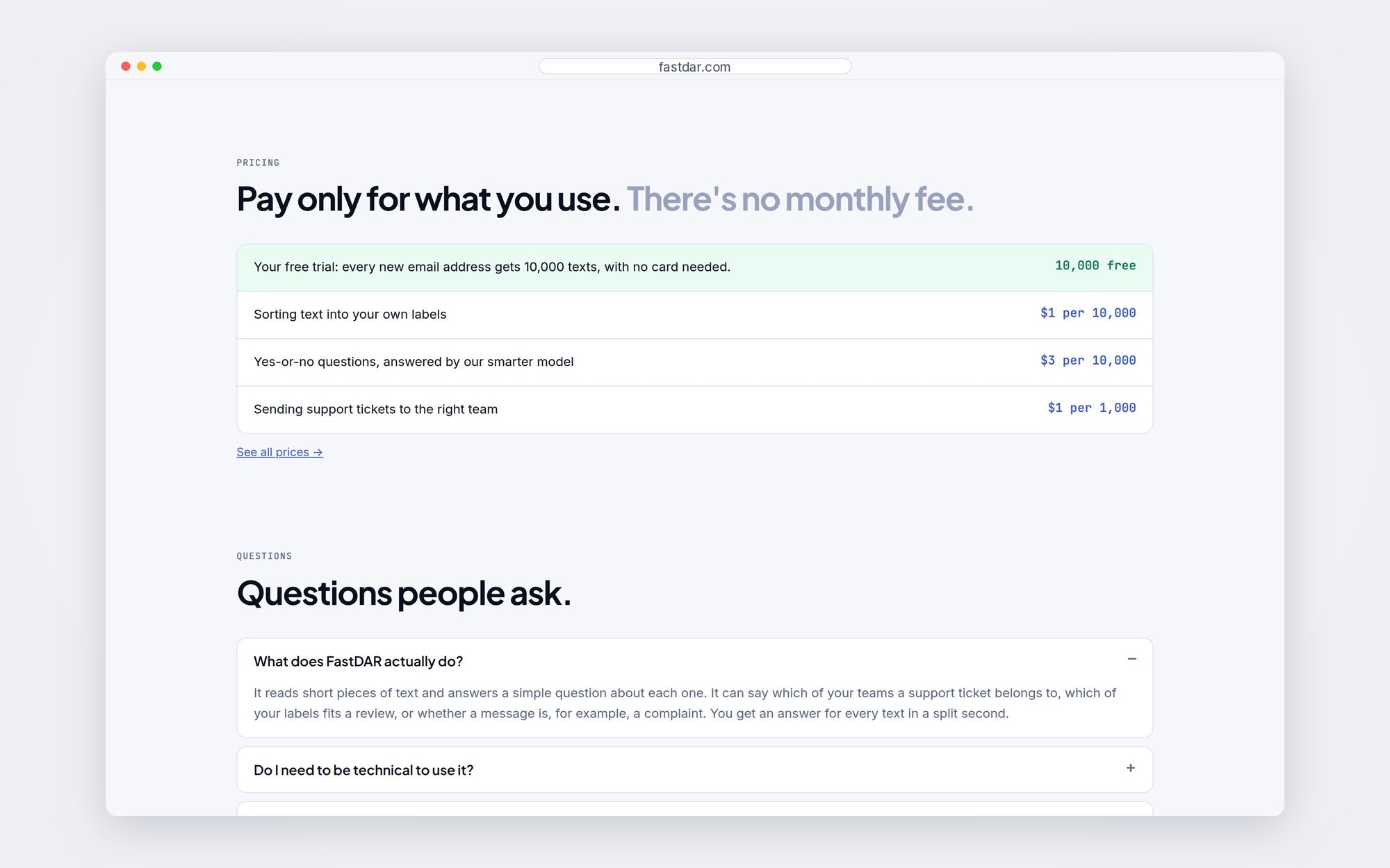 Pricing section: pay only for what you use, no monthly fee, with 10,000 free texts, sorting at $1 per 10,000, yes-or-no questions at $3 per 10,000, and ticket routing at $1 per 1,000, followed by a list of common questions