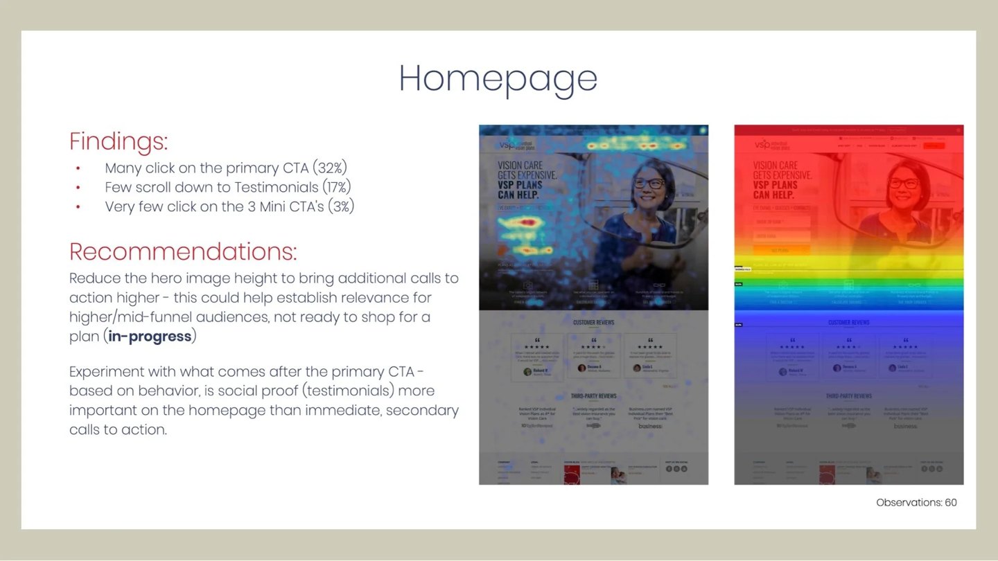 VSP homepage heatmap findings: click and scroll maps with recommendations for the primary call to action