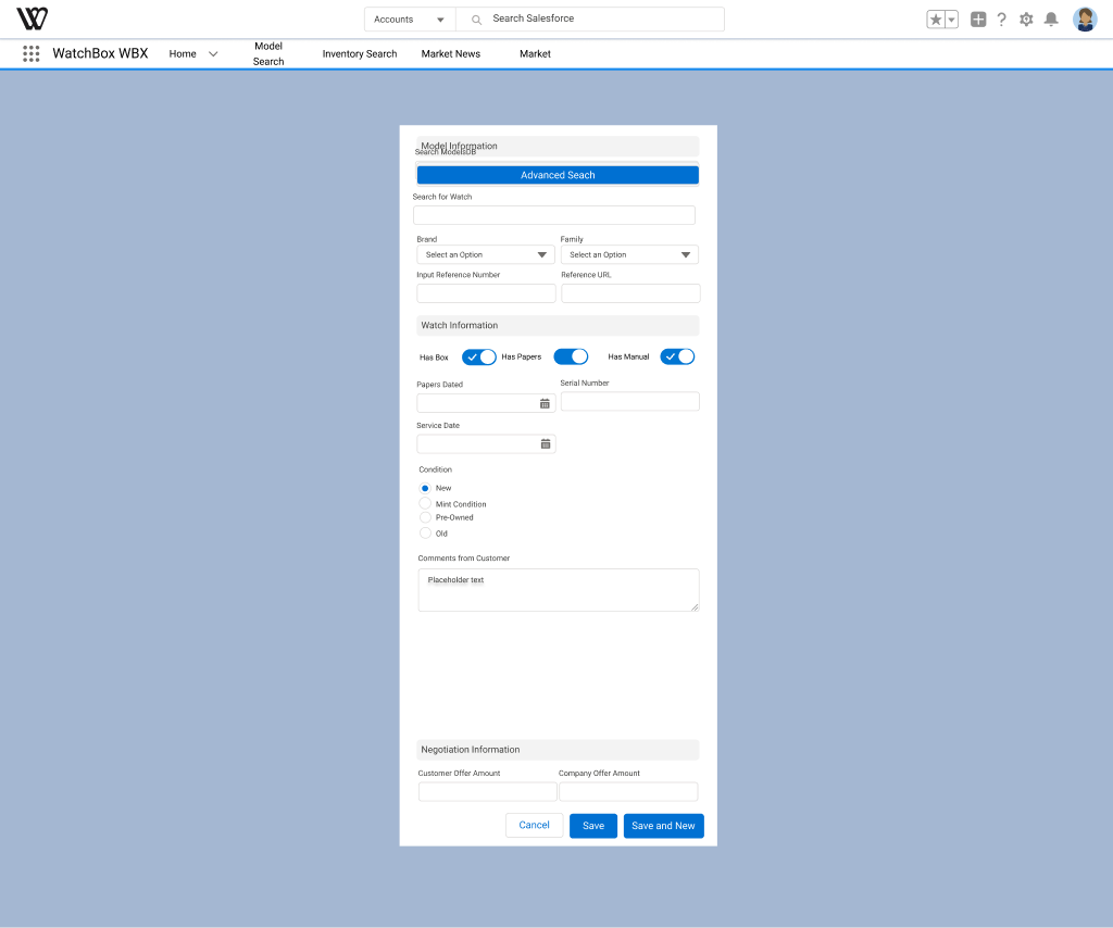 Add origination form sectioned into model information, watch information and negotiation information