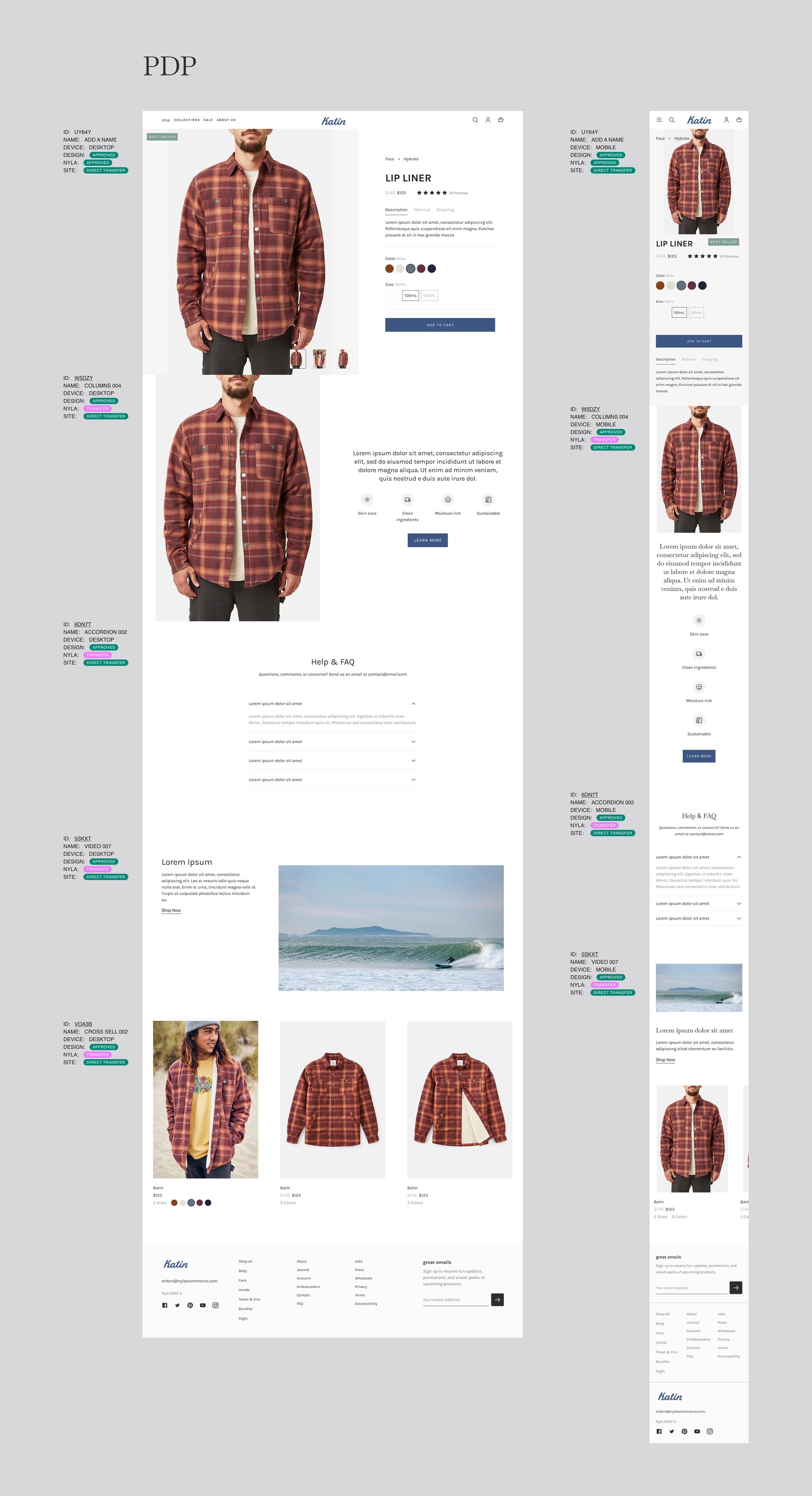 Katin product detail template — desktop and mobile, assembled from a buy box, Columns 004, Accordion 002 for Help and FAQ, Video 007, and Cross Sell 002, each with pipeline annotations