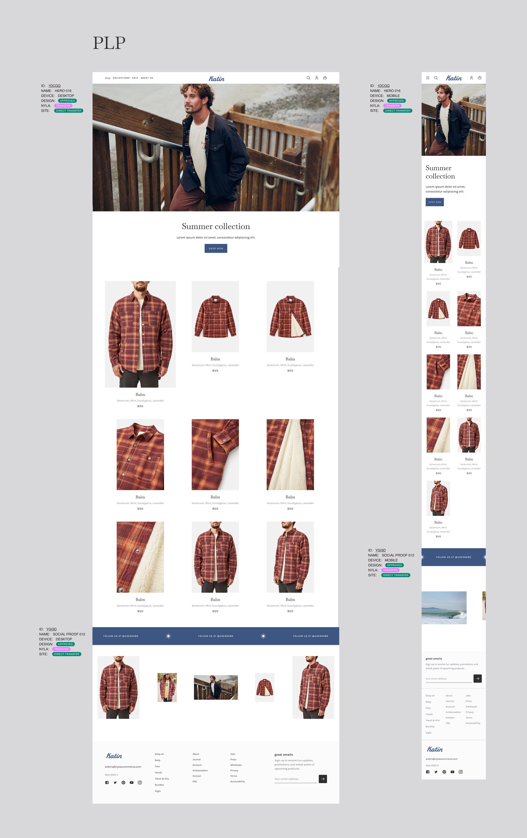 Katin collection listing template — desktop and mobile side by side, assembled from annotated modules: Hero 016, a product grid, and the Social Proof 012 follow-us band, each labeled with design, Nyla, and site transfer status