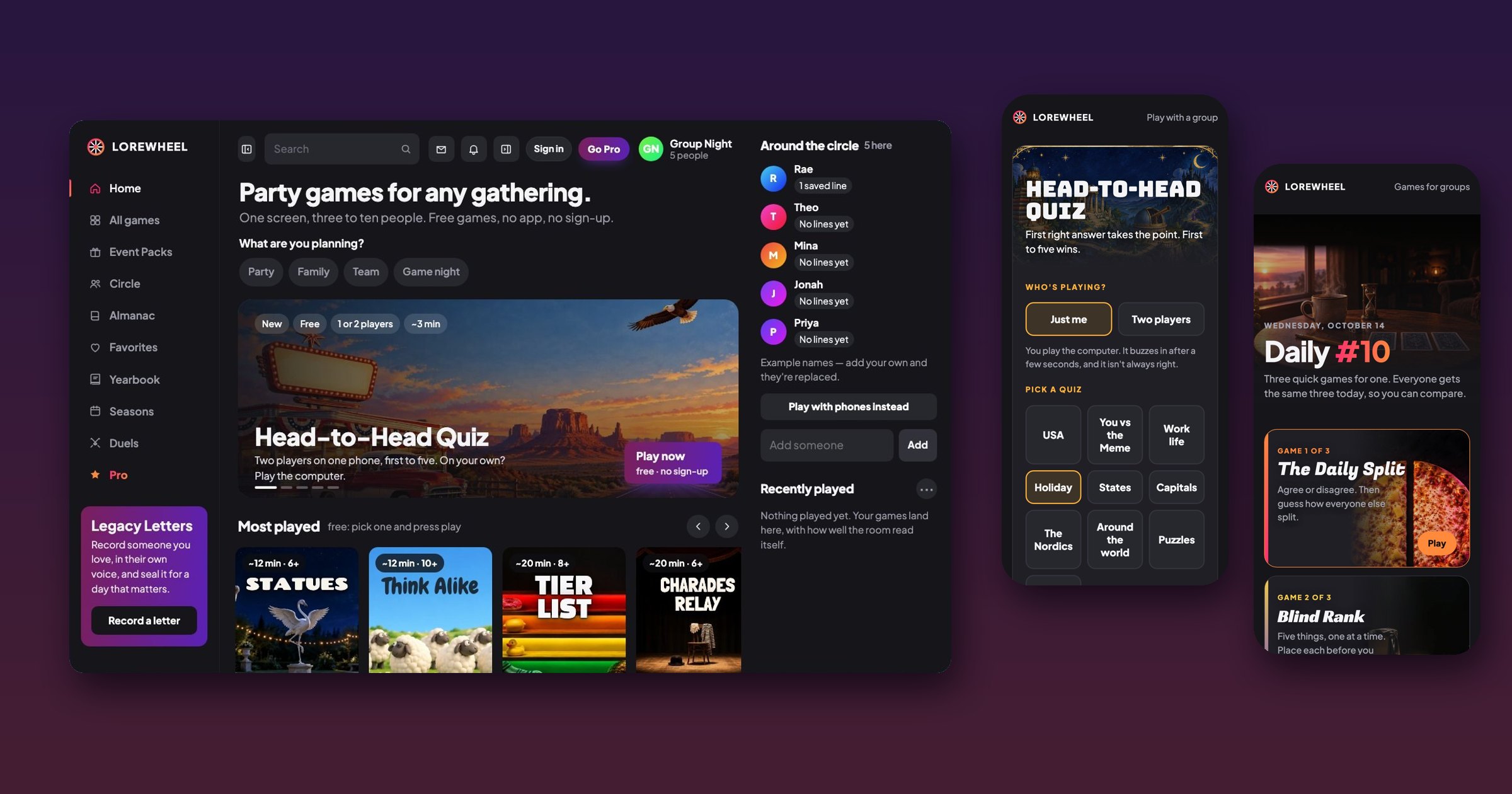 Lorewheel on desktop and phone: the home page with a featured Head-to-Head Quiz, the quiz setup screen, and the Daily page
