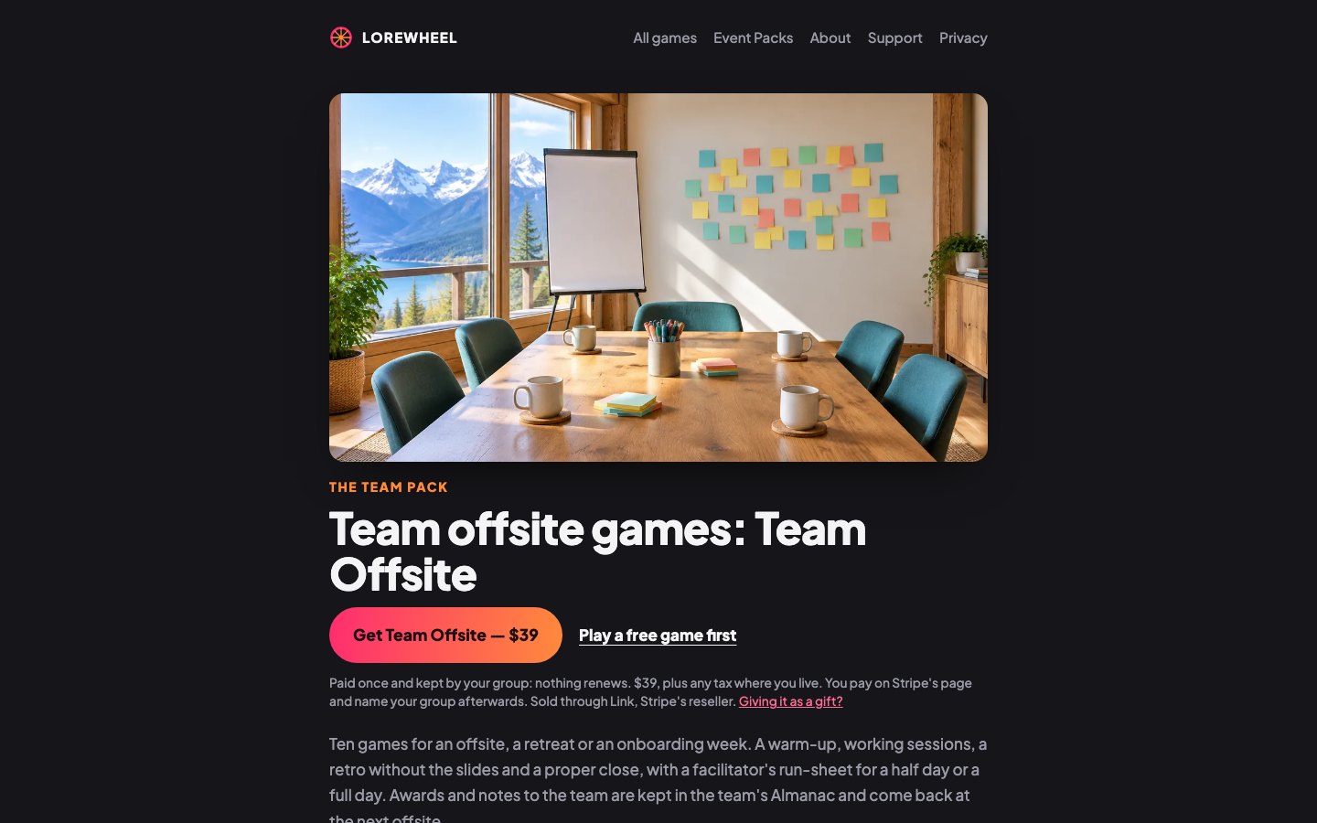 Team Offsite landing page: a mountain-view meeting room with sticky notes on a whiteboard, the heading Team offsite games: Team Offsite, a Get Team Offsite $39 button and a link to play a free game first