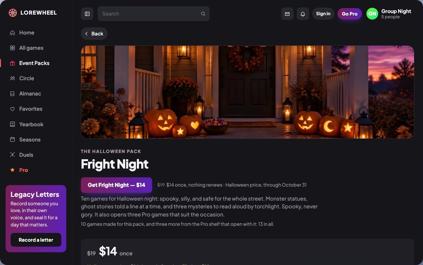 Fright Night pack page on desktop: a lantern-lit porch with carved pumpkins, the title Fright Night, a Get Fright Night $14 button with the $19 price struck through and a note that the Halloween price runs through October 31