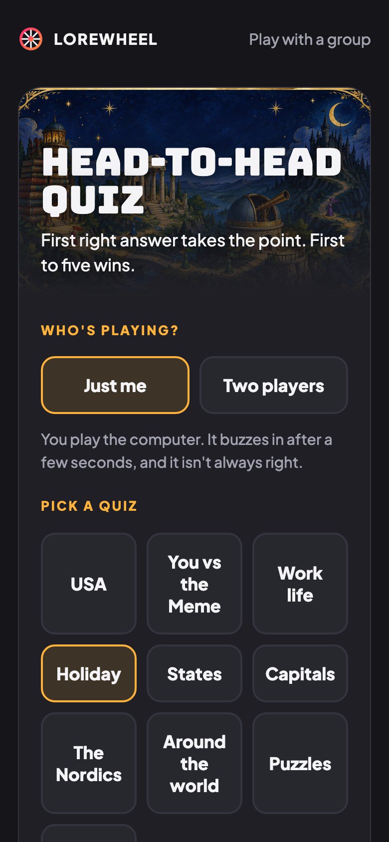 Quiz setup on a phone: Who's playing with Just me and Two players, then a grid of quiz topics including USA, You vs the Meme, Work life, Holiday, States and Capitals