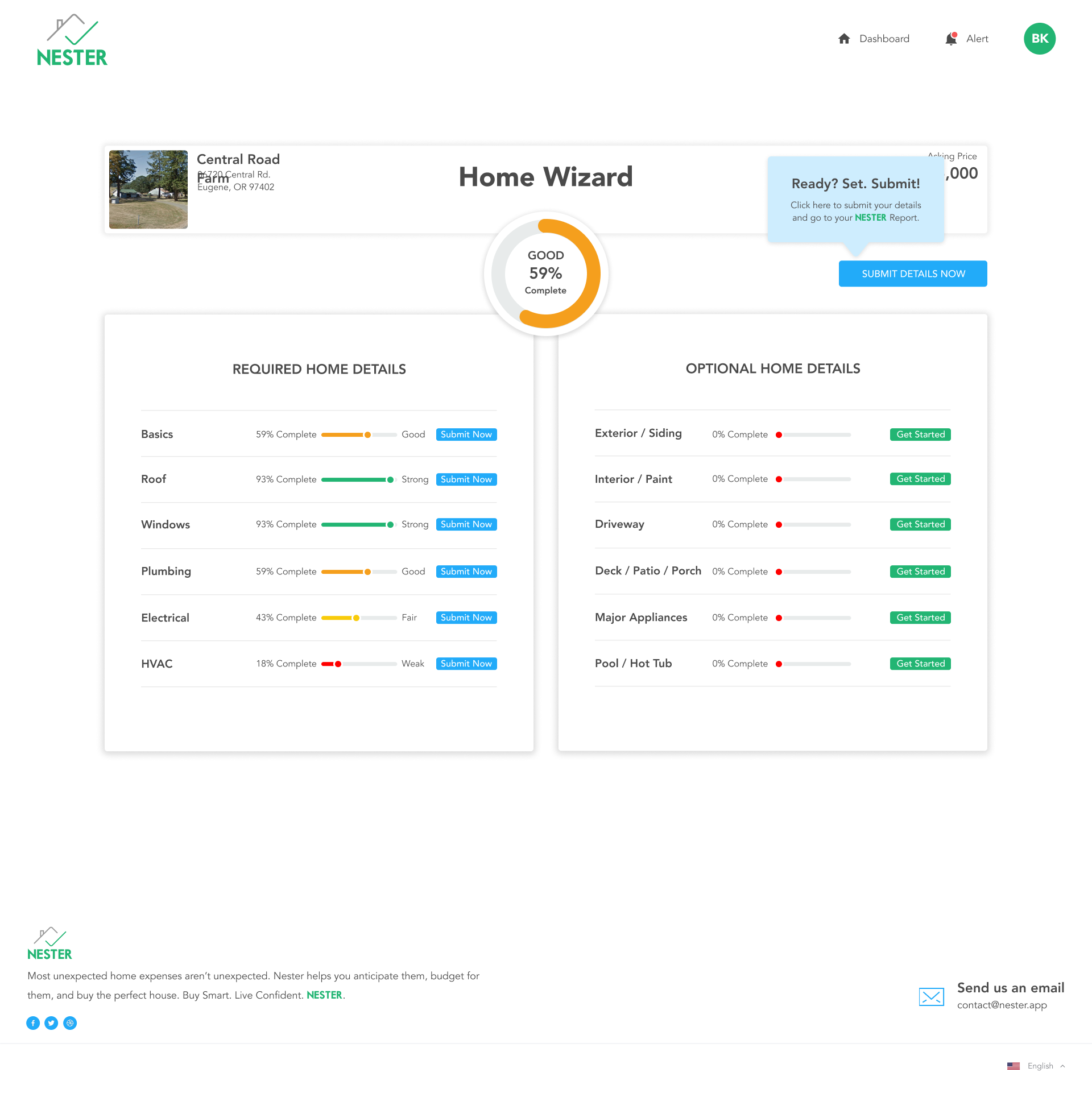 Nester Home Wizard for a seller — required home details like roof, plumbing, electrical, and HVAC each with a completion percentage and a strength grade from weak to strong, optional detail sections, an overall 59% GOOD completion donut, and a submit-details prompt