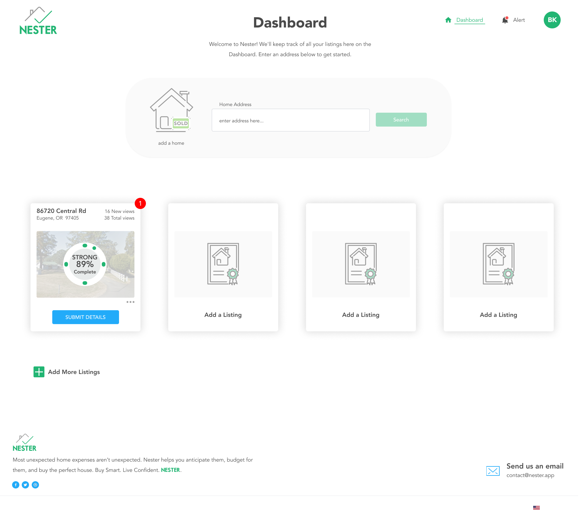 Nester seller dashboard — a listing card for 86720 Central Rd showing 16 new views and 38 total views, a STRONG 89% completion meter over the listing photo, a submit-details action, and add-a-listing slots
