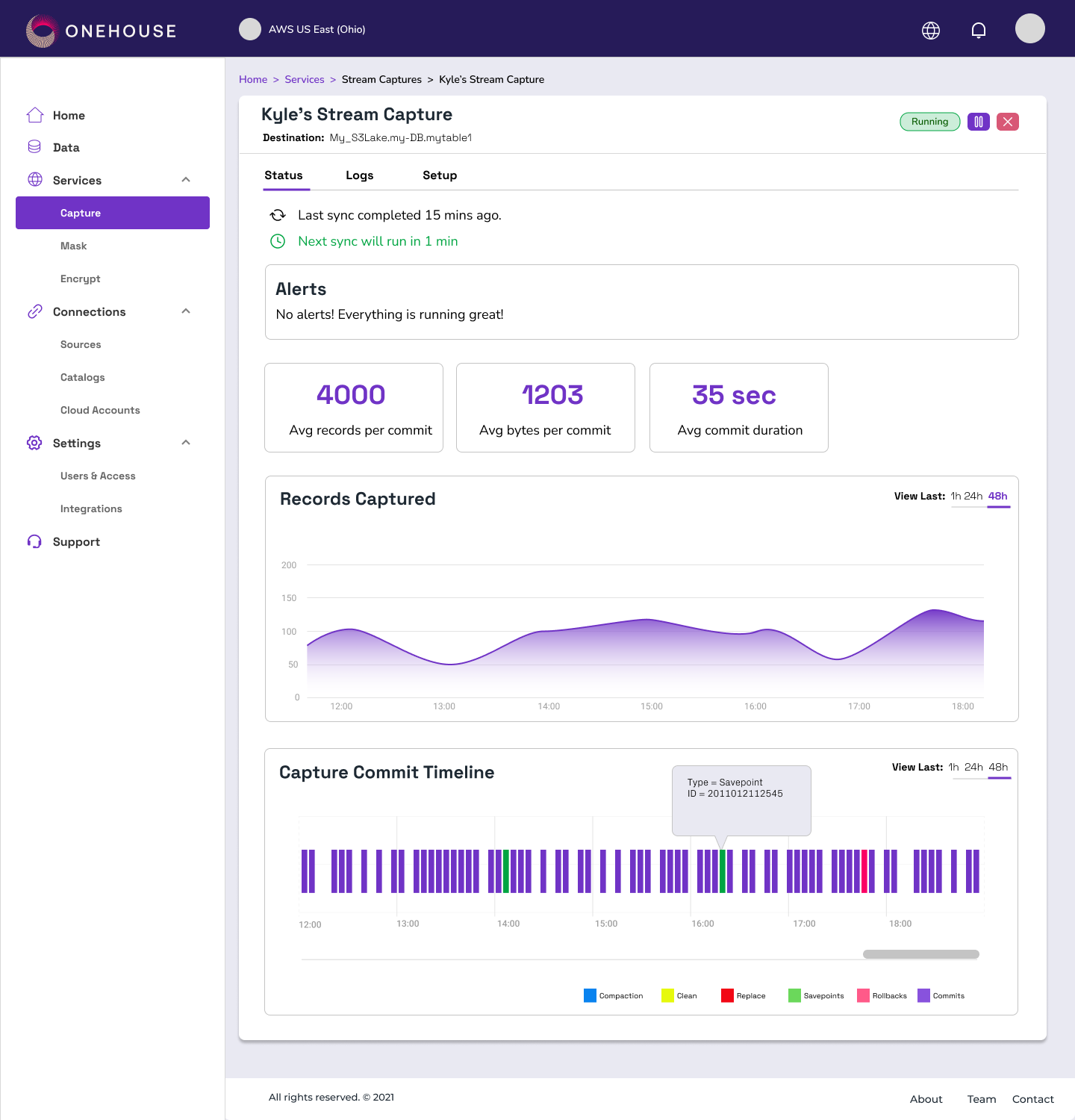 Kyle's Stream Capture status view — plain-language sync cadence, an alerts panel, headline stats for records, bytes, and commit duration, a records-captured area chart, and a color-coded capture commit timeline with a savepoint tooltip
